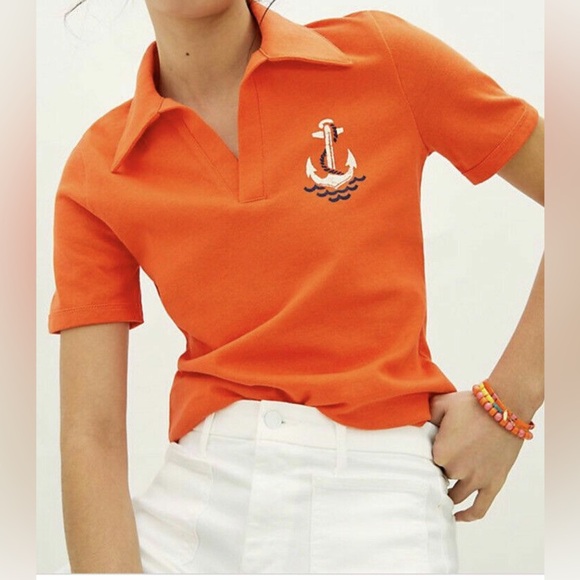 NWT ANTHROPOLOGIE Maeve Nautical Newport Orange Polo Top Size Medium - Picture 1 of 4